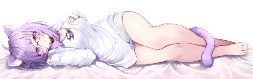 1girl, ahoge, alternate_costume, animal_ears, barefoot, breasts, cat_ears, cat_tail