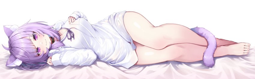 1girl, ahoge, alternate_costume, animal_ears, barefoot, breasts, cat_ears, cat_tail, cleavage, hand_on_own_chest, highres, hololive, hototogisu_(hot_to_gis), lying, naked_shirt, nekomata_okayu, nekomata_okayu_(oversized_shirt), official_alternate_costume, on_side, purple_eyes, purple_hair, shirt, smile, tail, virtual_youtuber, white_shirt