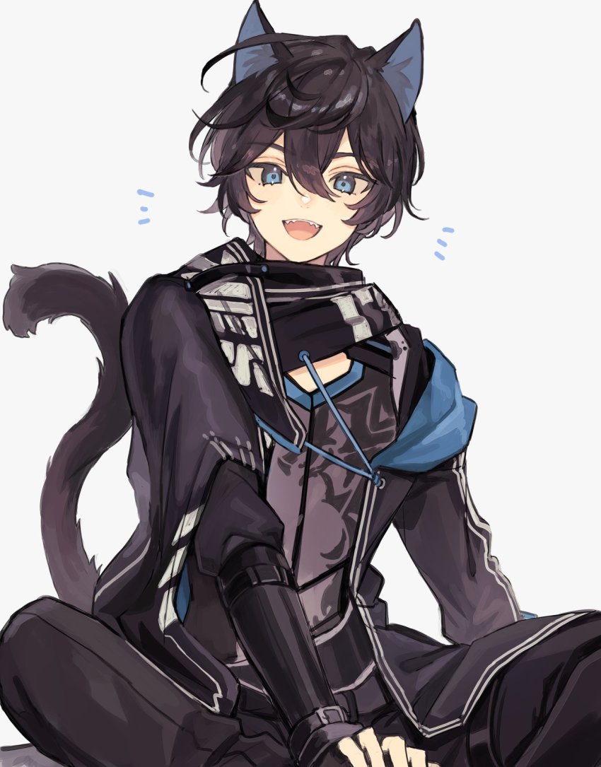 1boy, :d, animal_ears, axia_krone, axia_krone_(1st_costume), black_gloves, black_scarf, cat_ears