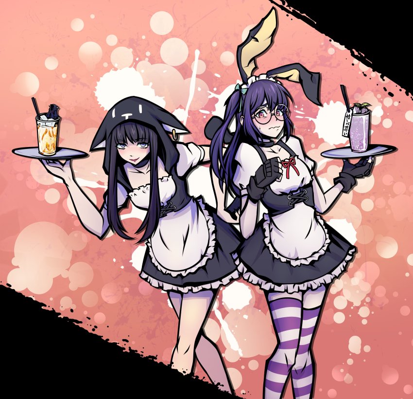 2girls, absurdres, alternate_costume, animal_ears, animal_hood, black_hair, blush, bow