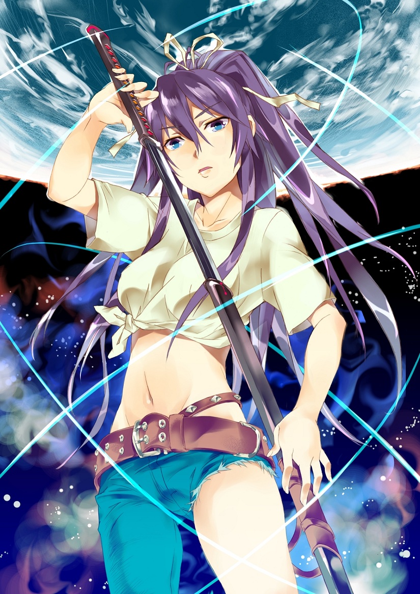 1girl, alternate_breast_size, belt, blue_eyes, collarbone, covered_erect_nipples, denim, fingernails