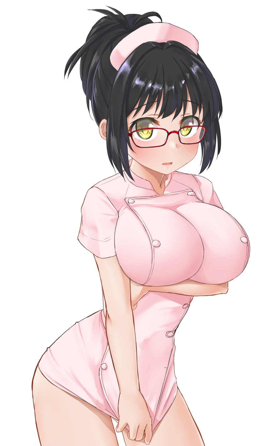 1girl, aimobake, black_hair, blush, breast_hold, breasts, competition_swimsuit, cowboy_shot