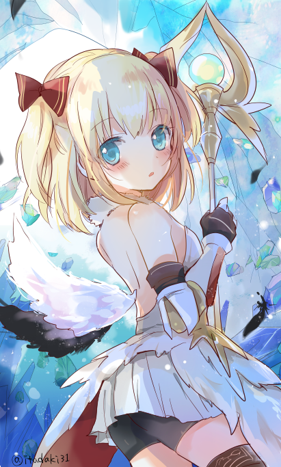 1girl, :o, aqua_eyes, asymmetrical_wings, bare_shoulders, black_shorts, black_wings, blonde_hair