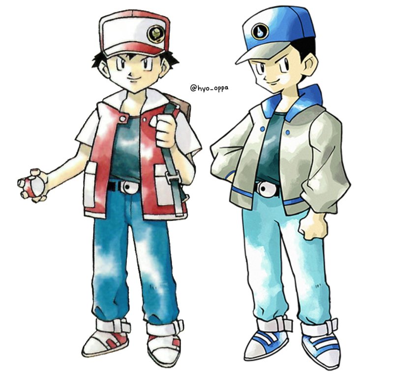 2boys, backpack, bag, baseball_cap, belt, belt_buckle, black_hair, blue_headwear