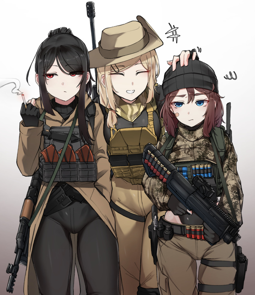 12-gauge, 3girls, ^_^, ammunition, assault_rifle, bandaid, bandaid_on_face, beanie
