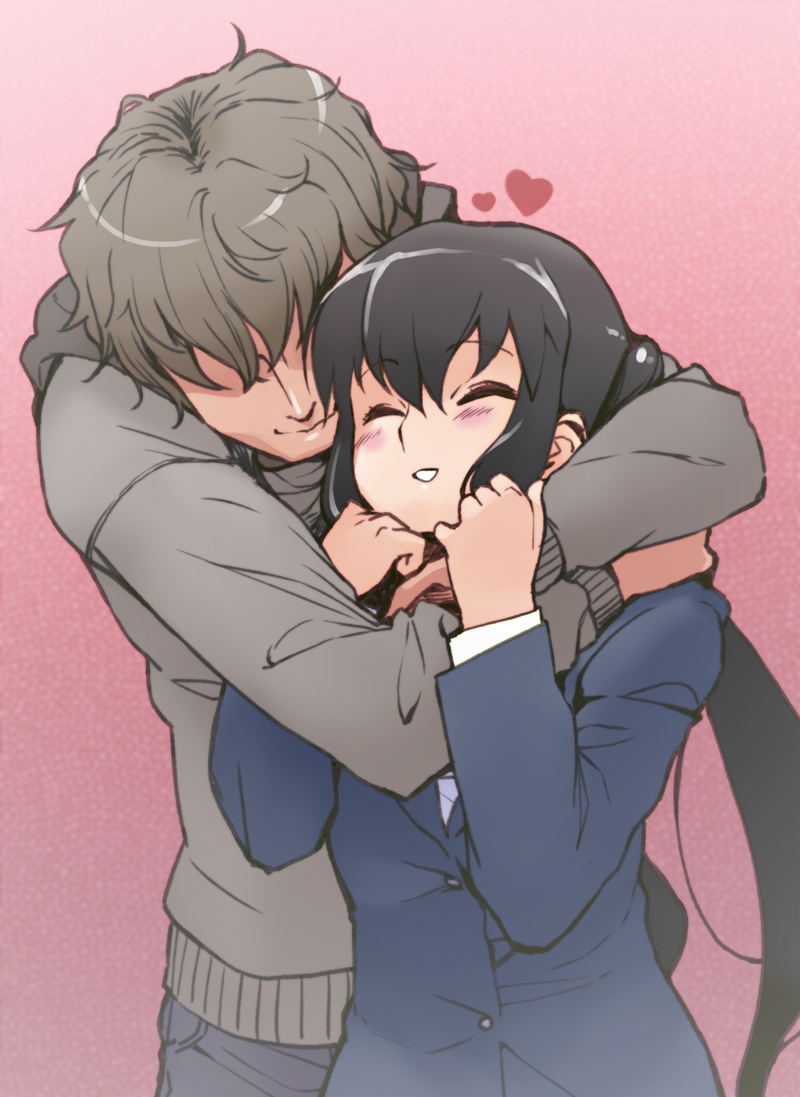 00s, 1boy, 1girl, ^_^, bad_id, bad_pixiv_id, black_hair, blush