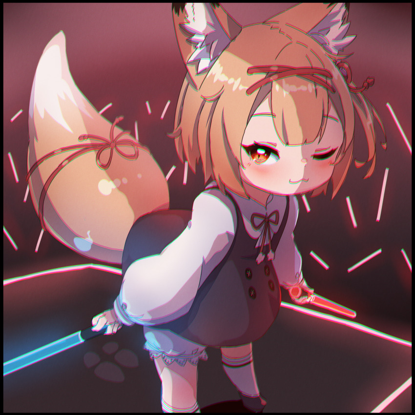 1girl, ;3, animal_ears, beat_saber, black_border, black_dress, black_shoes, bloomers
