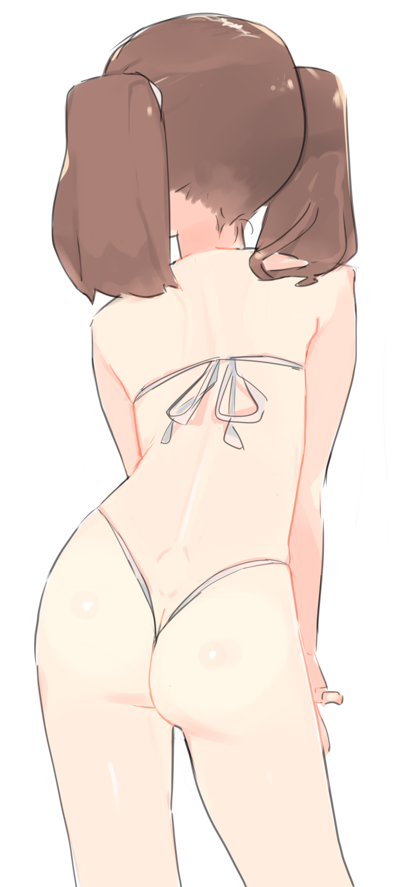1girl, absurdres, ass, back, bikini, brown_hair, co_botan, from_behind, highleg, highleg_bikini, highres, kantai_collection, long_hair, ryuujou_(kancolle), simple_background, solo, swimsuit, twintails, white_background, white_bikini