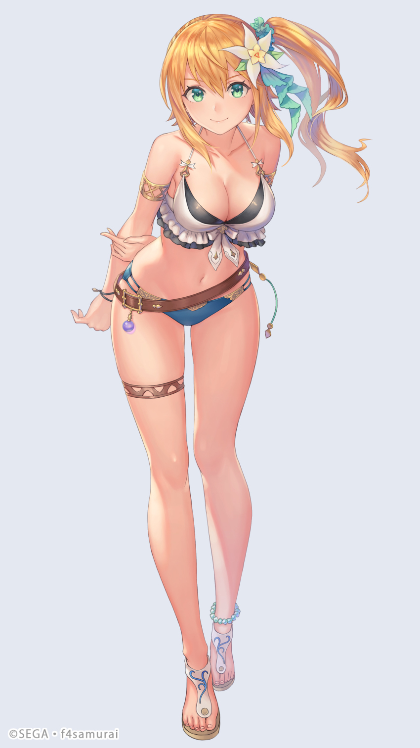1girl, anbe_yoshirou, armband, arms_behind_back, belt, bikini, blonde_hair, bracelet, breasts, collarbone, commentary_request, company_name, flower, full_body, green_eyes, hair_flower, hair_ornament, hair_ribbon, highres, hortensia_saga, jewelry, large_breasts, long_hair, looking_at_viewer, mismatched_bikini, navel, official_art, ponytail, ribbon, sandals, sitting, swimsuit, thigh_strap, white_flower