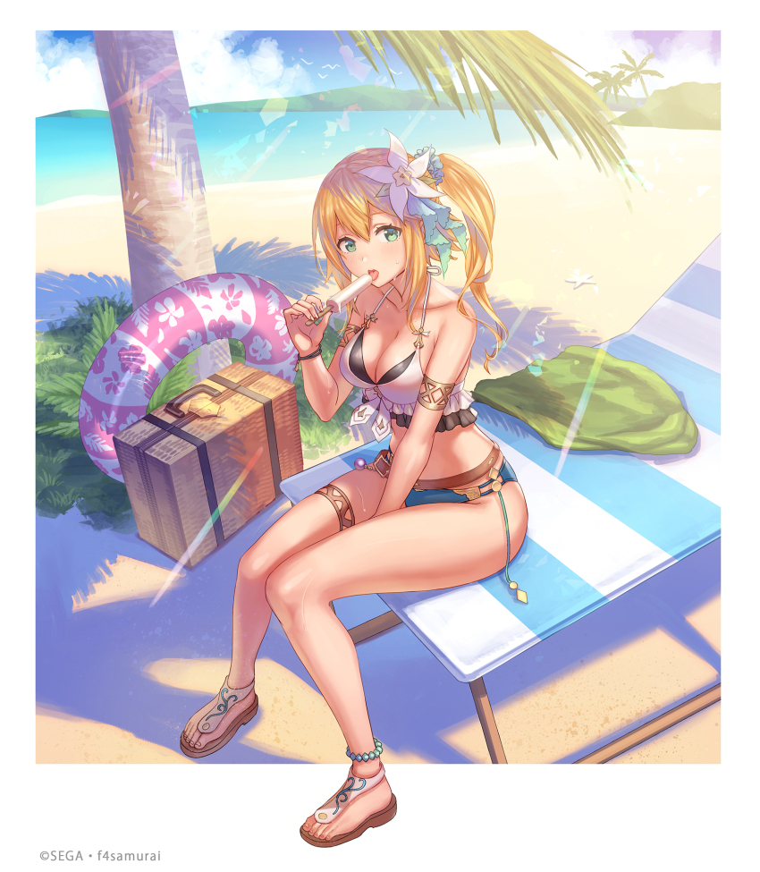 1girl, anbe_yoshirou, beach, beach_chair, bikini, blonde_hair, commentary_request, eating