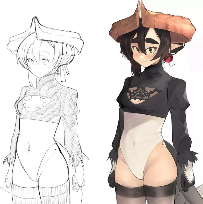 1girl, asymmetrical_bangs, black_hair, black_thighhighs, breasts, closed_mouth, commentary, cosplay