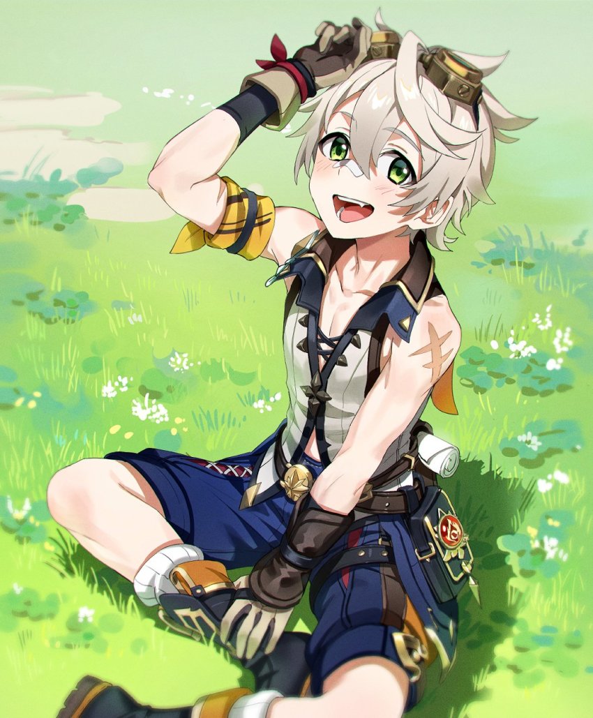 1boy, arm_scarf, arm_up, bandaid, bandaid_on_face, bandaid_on_nose, bennett_(genshin_impact), black_boots