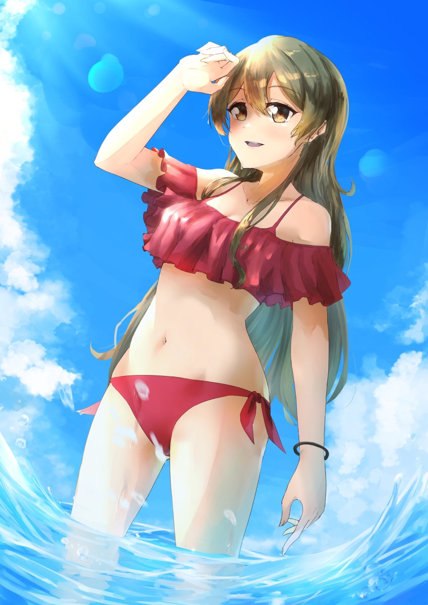 1girl, :d, absurdres, anzo_(anzu_elichi0928), arm_up, bare_shoulders, bikini, blue_sky