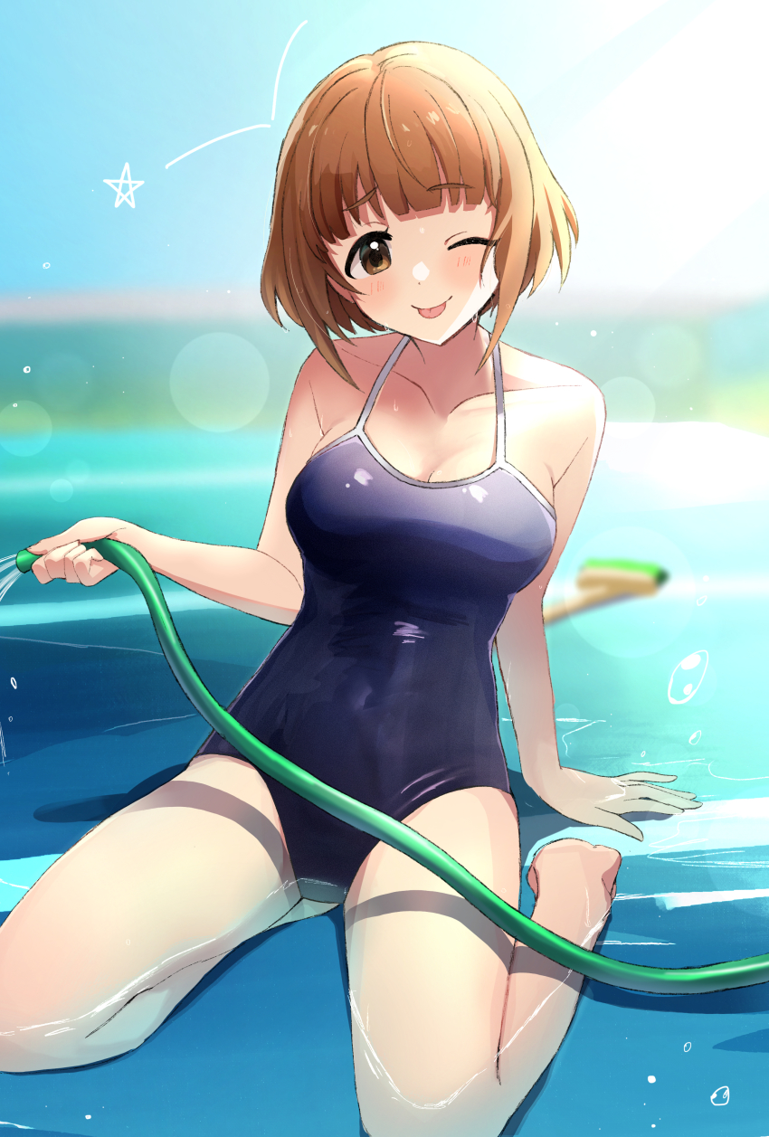 1girl, absurdres, arm_support, bare_arms, bare_shoulders, barefoot, blue_one-piece_swimsuit, blunt_bangs