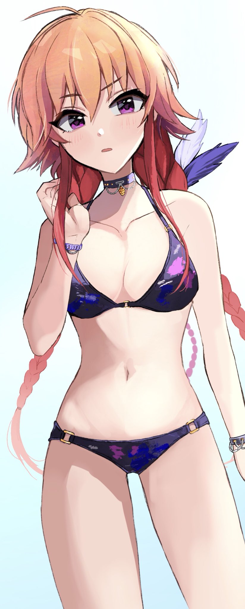 1girl, ahoge, bikini, blonde_hair, blush, bracelet, braid, breasts, choker, cleavage, collarbone, commentary_request, cowboy_shot, hair_between_eyes, halterneck, hand_up, highres, idolmaster, idolmaster_cinderella_girls, jewelry, long_hair, looking_at_viewer, medium_breasts, multicolored_hair, navel, ninomiya_asuka, o-ring, open_mouth, purple_eyes, simple_background, solo, swimsuit, twin_braids, two-tone_hair, yuzuhota0313