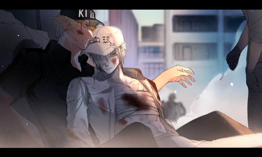 2boys, bandages, baseball_cap, blonde_hair, blood, blood_on_clothes, blood_on_face, colored_skin