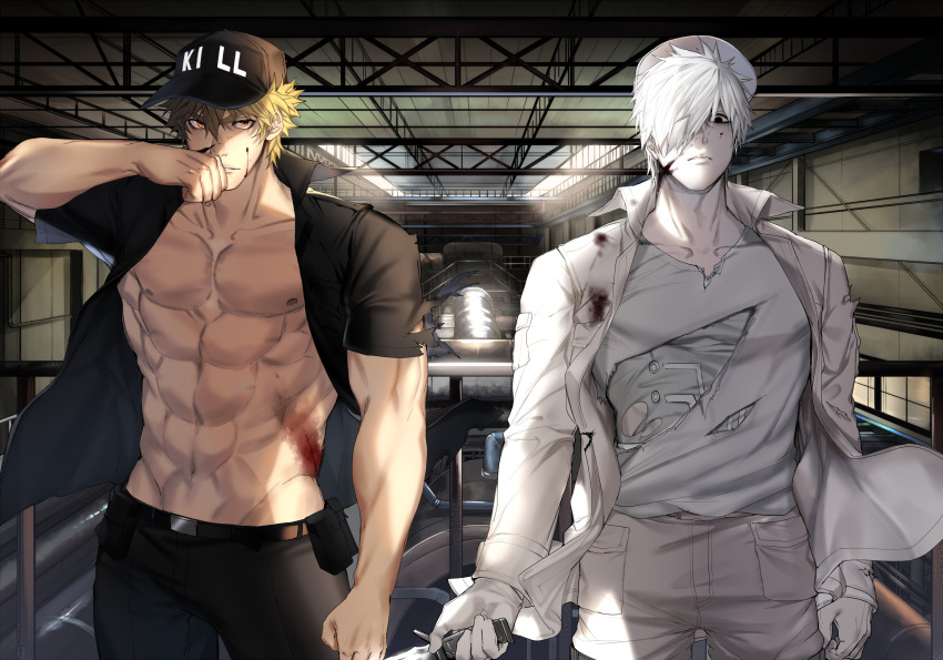 2boys, abs, bad_id, bad_pixiv_id, bare_pectorals, baseball_cap, black_pants, blonde_hair