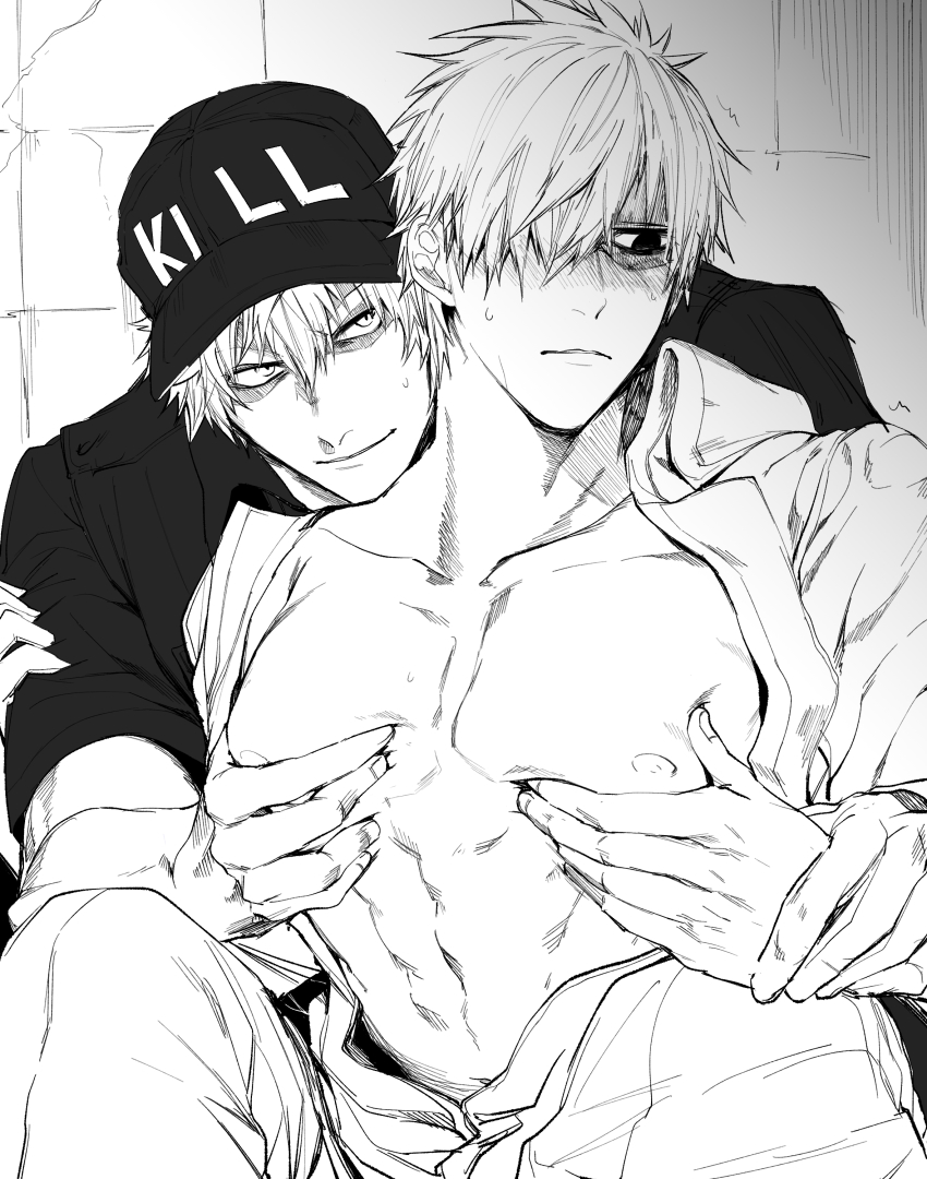 2boys, abs, absurdres, bare_pectorals, baseball_cap, blush, colored_skin, couple, greyscale, hair_over_one_eye, hat, hataraku_saibou, head_on_another's_shoulder, highres, killer_t_(hataraku_saibou), male_focus, military, military_uniform, monochrome, multiple_boys, nipples, open_clothes, open_shirt, pectoral_grab, pectorals, short_hair, short_sleeves, silver_hair, smile, stomach, toned, toned_male, tsunami_(sorudora), u-1146, white_blood_cell_(hataraku_saibou), white_skin, yaoi