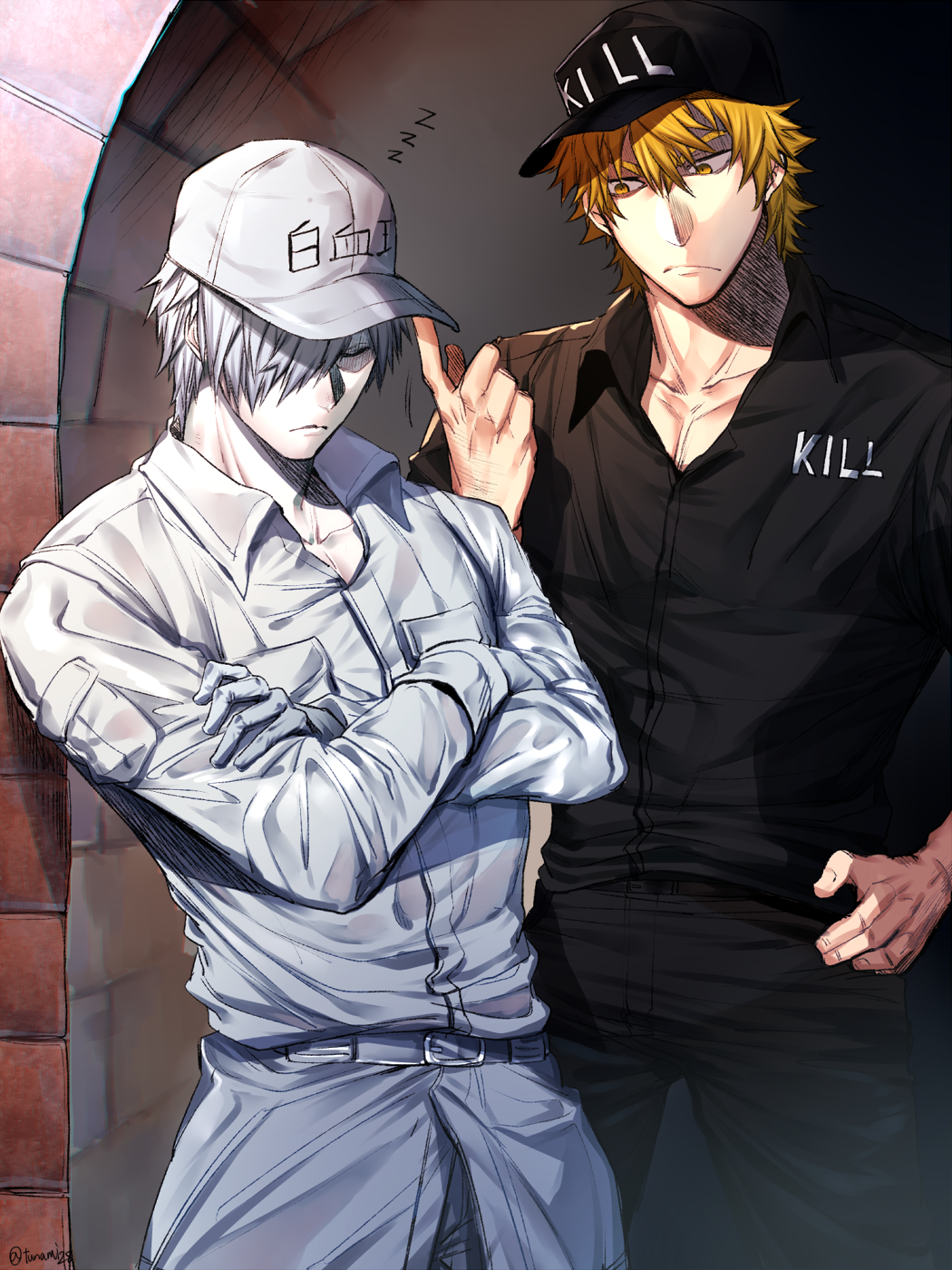 2boys, baseball_cap, black_shirt, blonde_hair, colored_skin, crossed_arms, hair_over_one_eye, hat