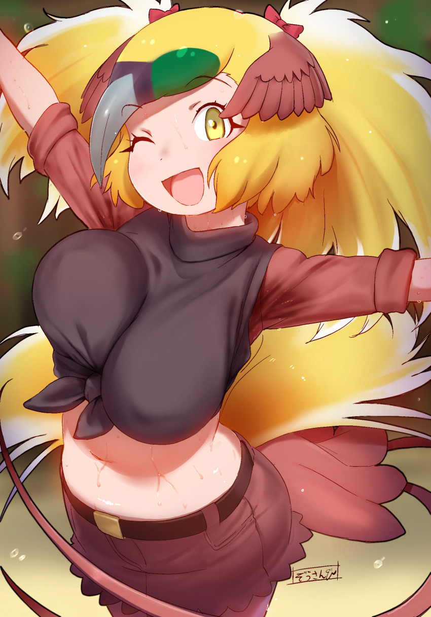 1girl, ;d, belt, black_pantyhose, black_shirt, blonde_hair, bouncing_breasts, bow, breasts, brown_skirt, commentary, covered_erect_nipples, cowboy_shot, greater_bird-of-paradise_(kemono_friends), hair_bow, head_wings, highres, kemono_friends, large_breasts, long_hair, looking_at_viewer, masuyama_ryou, midriff, miniskirt, multicolored_hair, navel, one_eye_closed, open_mouth, outstretched_arms, pantyhose, red_bow, shirt, skirt, sleeves_rolled_up, smile, solo, sweat, sweaty_clothes, tail, tied_shirt, twintails, unaligned_breasts, wet, wet_clothes, wings, yellow_eyes