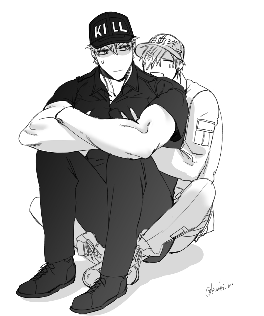 2boys, aged_down, baseball_cap, bou_(maimoca501), greyscale, hair_over_one_eye, hat, hataraku_saibou