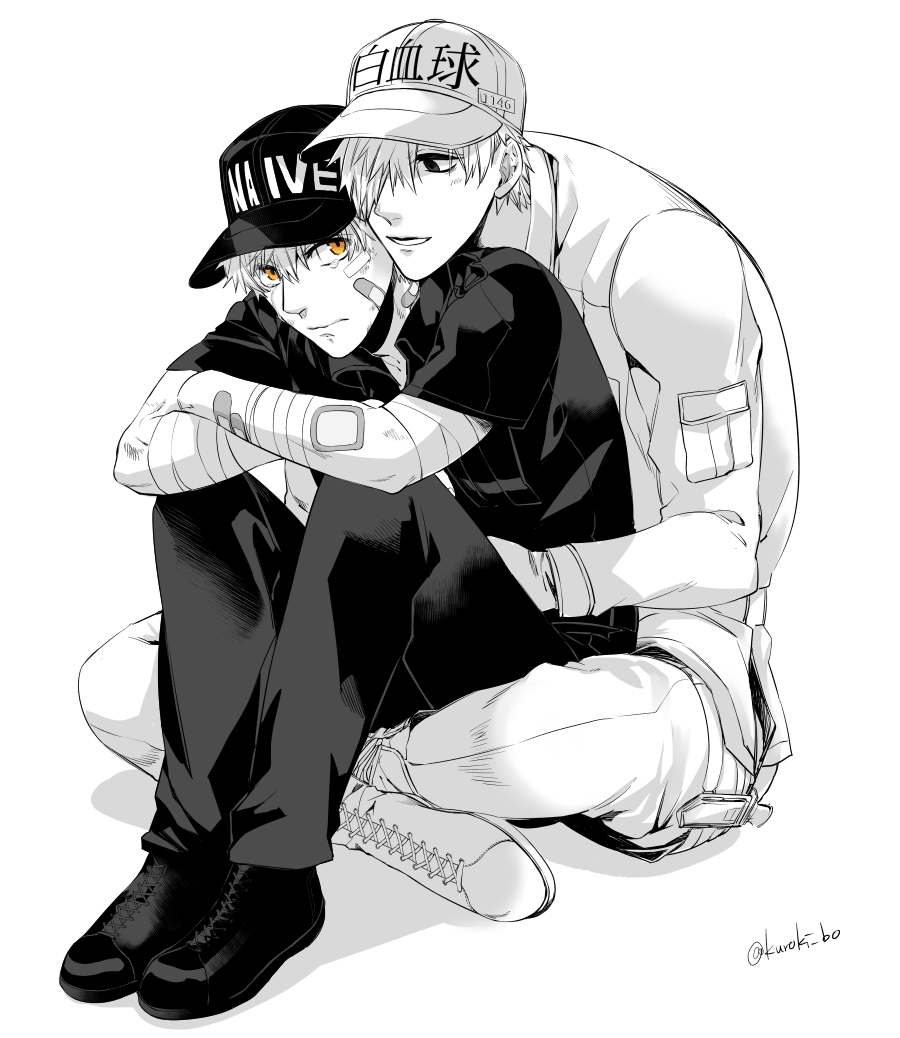 2boys, aged_down, bandaid, bandaid_on_arm, bandaid_on_cheek, bandaid_on_face, baseball_cap, bou_(maimoca501)