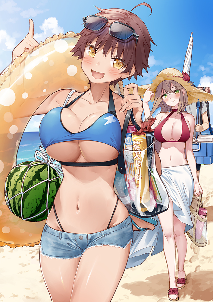 1boy, 2girls, ahoge, bag, beach, bikini, blue_bikini, blue_shorts, breasts, brown_hair, unworn_eyewear, food, fruit, fuwa_akira, green_eyes, hanashiro_yuuka, holding, holding_bag, large_breasts, long_hair, looking_at_viewer, multiple_girls, navel, ocean, open_mouth, original, outdoors, red_bikini, sand, short_hair, short_shorts, shorts, smile, straw_hay, sunglasses, swimsuit, tokuno_yuika, walking, watermelon