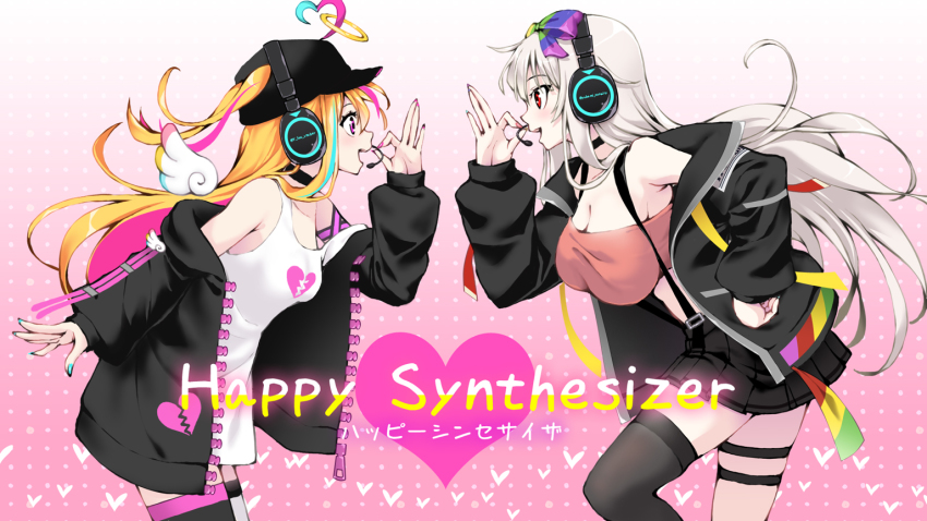 2girls, ahoge, aqua_hair, asymmetrical_legwear, black_jacket, blonde_hair, bow, breasts