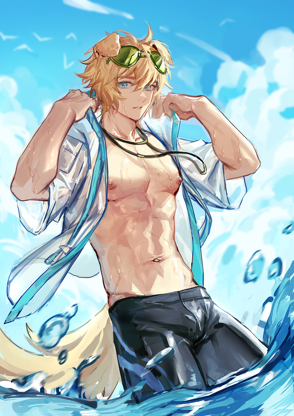 1boy, abs, animal_ears, arknights, black_shorts, blonde_hair, blue_eyes, blue_sky