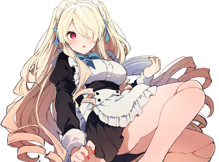 1girl, absurdres, apron, black_dress, blonde_hair, blue_bow, blue_bowtie, blush