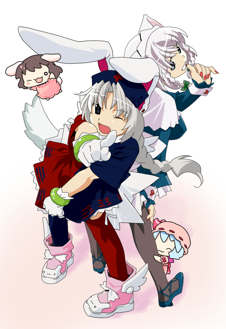 4girls, animal_ears, ankle_boots, bad_id, bad_pixiv_id, boots, rabbit_ears, cosplay