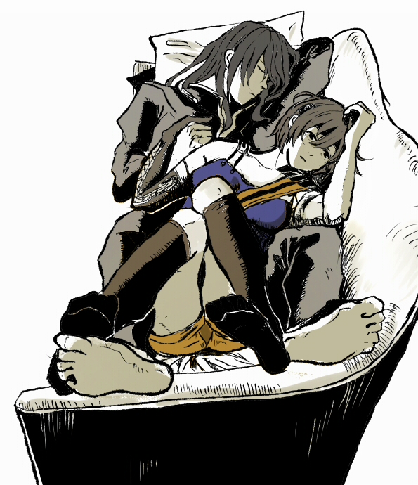 1boy, 1girl, arm_warmers, couch, final_fantasy, final_fantasy_vii, gloves, headband