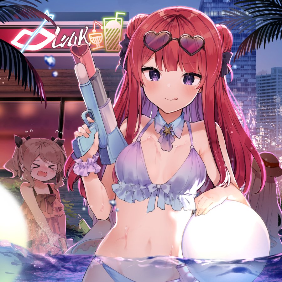 >_<, 3girls, :q, anna_(ikeuchi_tanuma), ball, beachball, bikini, blush