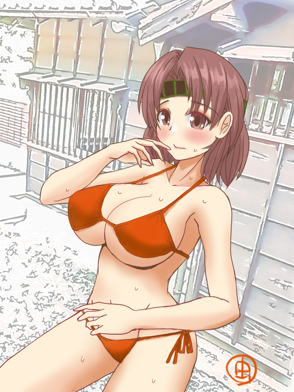 1girl, artist_logo, bikini, breasts, brown_eyes, brown_hair, chiyoda_(kancolle), cleavage