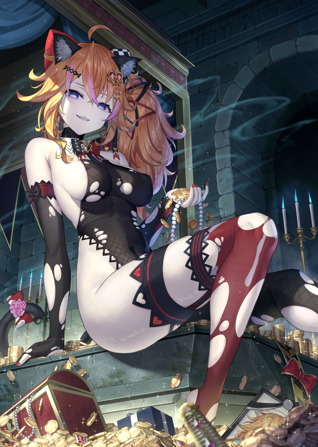 1girl, ahoge, animal_ears, bare_shoulders, beads, black_gloves, black_leotard, bow, breasts, candle, cat_ears, cat_tail, coin, covered_navel, detached_collar, elbow_gloves, fangs, gloves, gold_coin, grin, hair_ornament, hairclip, hand_up, highleg, highleg_leotard, highres, indoors, leotard, long_hair, looking_at_viewer, matanonki, medium_breasts, multicolored_hair, nail_polish, nijisanji, orange_hair, otogibara_era, otogibara_era_(4th_costume), purple_eyes, red_thighhighs, side_ponytail, sideboob, sitting, smile, solo, squinting, streaked_hair, tail, tail_bow, tail_ornament, thighhighs, thighs, torn_clothes, torn_gloves, torn_leotard, torn_thighhighs, treasure, treasure_chest, turtleneck, virtual_youtuber