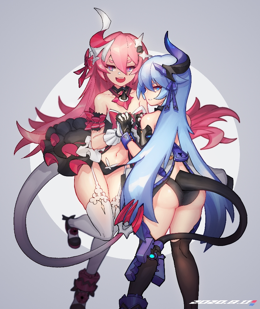 2girls, :d, alternate_eye_color, ass, back, bare_shoulders, black_gloves, black_legwear, blue_eyes, blue_hair, breasts, closed_mouth, gloves, grey_background, hair_between_eyes, hair_ornament, holding_hands, honkai_(series), honkai_impact_3rd, horns, liliya_olenyeva, long_hair, looking_at_viewer, multiple_girls, navel, open_mouth, pink_eyes, pink_hair, rozaliya_olenyeva, siblings, single_horn, sisters, small_breasts, smile, tail, thighhighs, twins, two-tone_background, white_background, white_gloves, white_legwear, wu-qiao