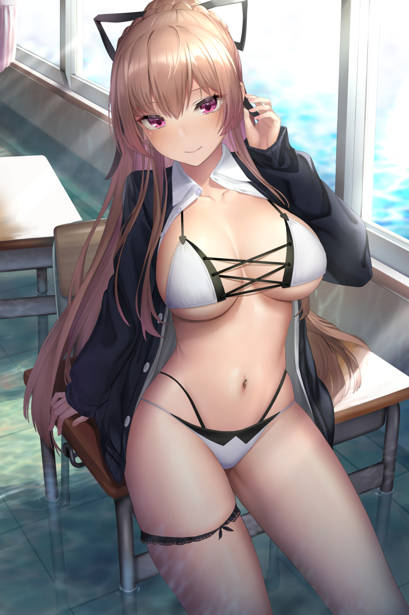 1girl, azur_lane, bikini, black_jacket, breasts, brown_hair, classroom, cleavage