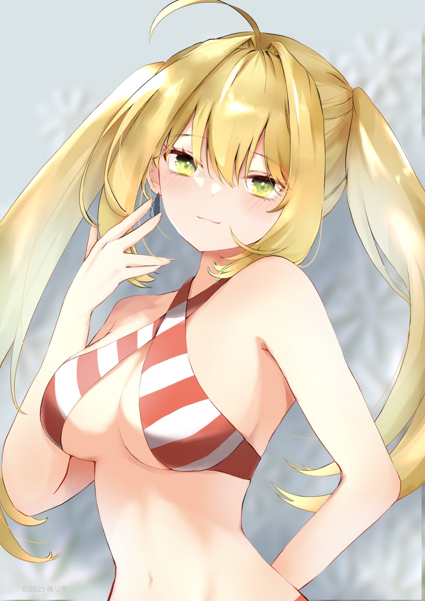 1girl, absurdres, ahoge, bare_shoulders, bikini, blonde_hair, breasts, cleavage