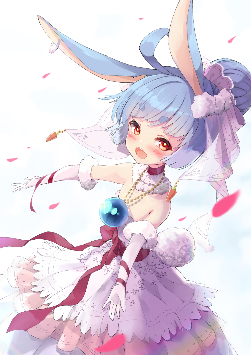absurdres, animal_ears, blue_hair, blush, carrot, dress, flat_chest, floral_print