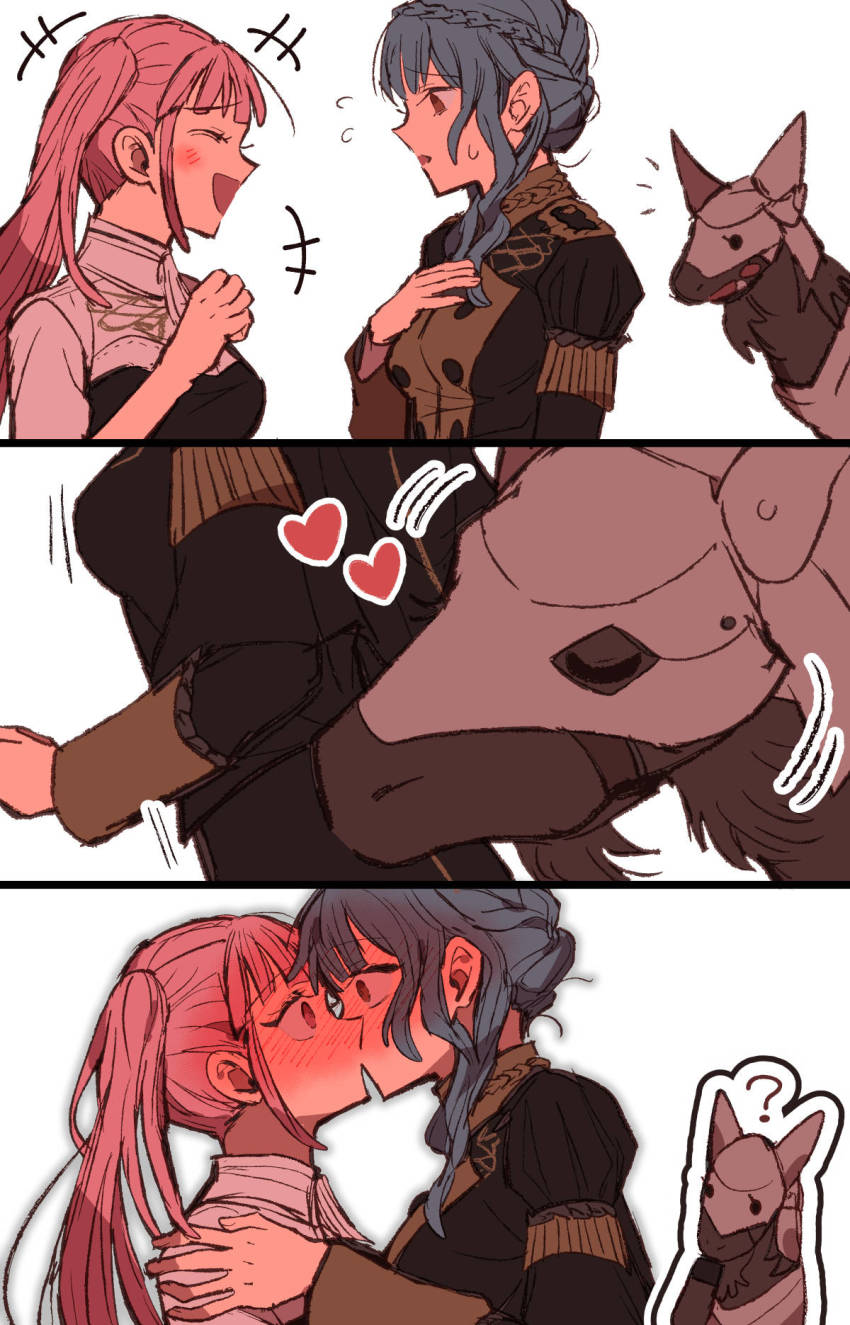 +++, 2girls, ?, accidental_kiss, armor, blue_hair, blush, commentary, eye_contact, closed_eyes, facing_another, fire_emblem, fire_emblem:_three_houses, flying_sweatdrops, from_side, garreg_mach_monastery_uniform, hand_on_another's_shoulder, heart, highres, hilda_valentine_goneril, horse, kiss, kusodekablack, long_hair, long_sleeves, looking_at_another, marianne_von_edmund, multiple_girls, nintendo, pink_hair, profile, sweat, twintails, upper_body, white_background, yuri