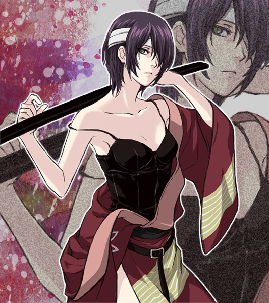 1girl, bandaged_head, bandages, black_shirt, breasts, cleavage, closed_mouth, cma_cmakuma, collarbone, cowboy_shot, frown, genderswap, genderswap_(mtf), gintama, green_eyes, holding, holding_weapon, japanese_clothes, kimono, long_sleeves, looking_at_viewer, off_shoulder, purple_hair, red_kimono, shirt, short_hair, sleeveless, sleeveless_shirt, small_breasts, solo, spaghetti_strap, standing, takasugi_shinsuke, weapon, wide_sleeves, zoom_layer