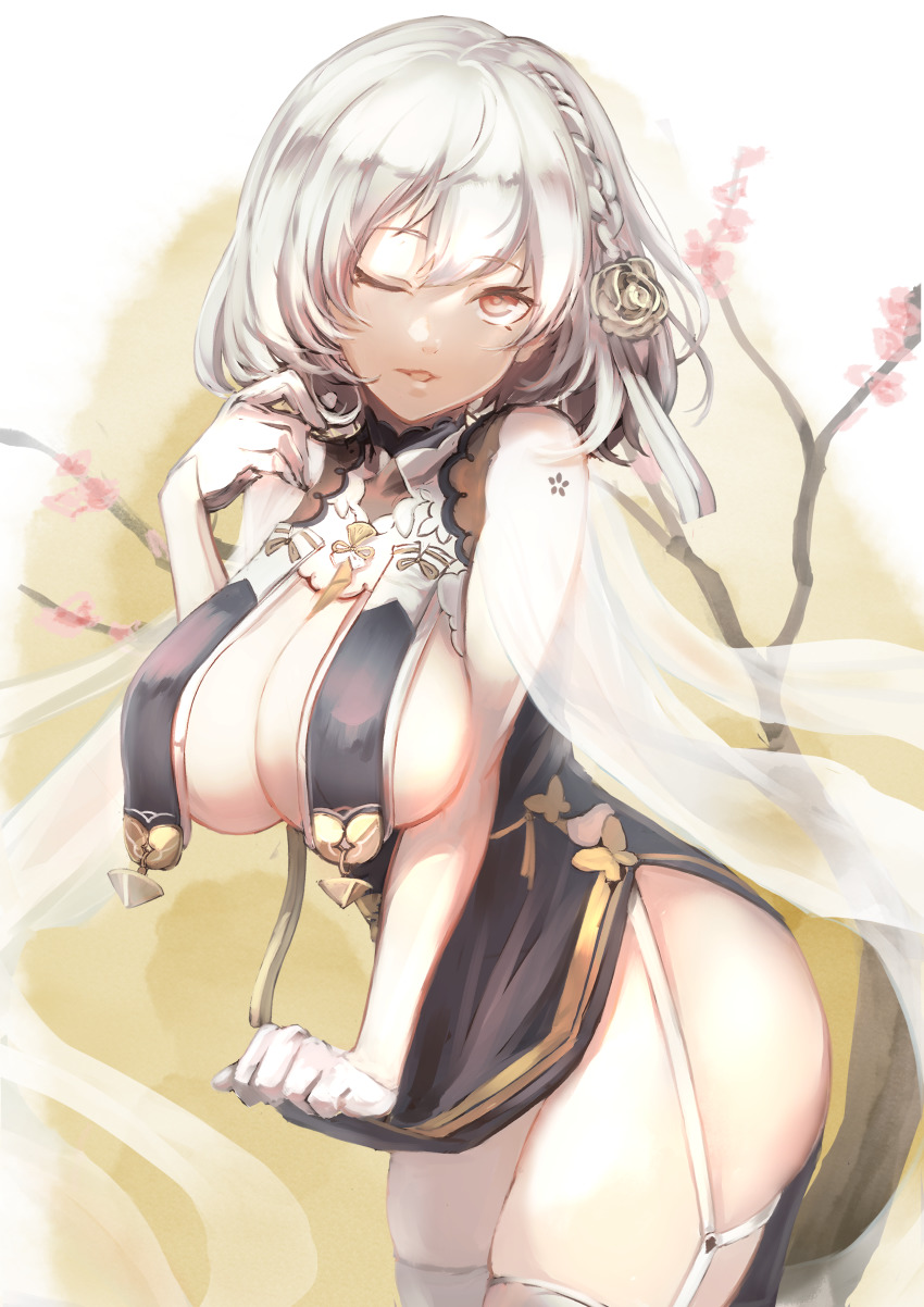 1girl, absurdres, azur_lane, bare_shoulders, braid, branch, breast_curtains, breasts