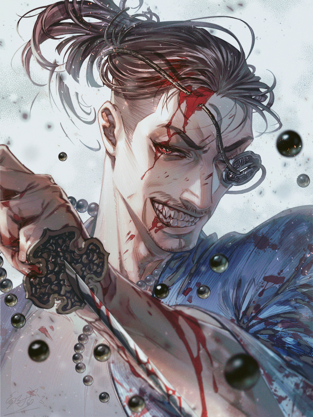 1boy, beads, blood, blood_on_face, blood_splatter, bloody_weapon, blue_jacket, eyepatch, fangs, grin, highres, jacket, japanese_clothes, jewelry, jiao_mao, majima_goro, male_focus, mature_male, necklace, okita_souji_(ishin), one-eyed, open_clothes, open_jacket, orange_eyes, ryuu_ga_gotoku_(series), ryuu_ga_gotoku_ishin!, samurai, sega, smile, smirk, weapon, white_background
