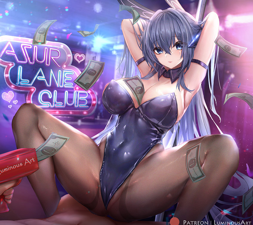 1boy, 1girl, animal_ears, armband, armpits, arms_up, azur_lane, between_breasts, black_pantyhose, blue_eyes, blue_hair, bodystocking, breasts, cash_cannon, cleavage, collar, commentary, cowgirl_position, english_commentary, fake_animal_ears, girl_on_top, headgear, large_breasts, looking_at_viewer, luminous, mixed-language_commentary, new_jersey_(azur_lane), new_jersey_(exhilarating_steps!)_(azur_lane), nightclub, official_alternate_costume, pantyhose, playboy_bunny, pole, prostitution, rabbit_ears, seductive_smile, skin_tight, skindentation, smile, spread_legs, squatting, squatting_cowgirl_position, straddling, stripper, stripper_pole, thick_thighs, thighs, weapon