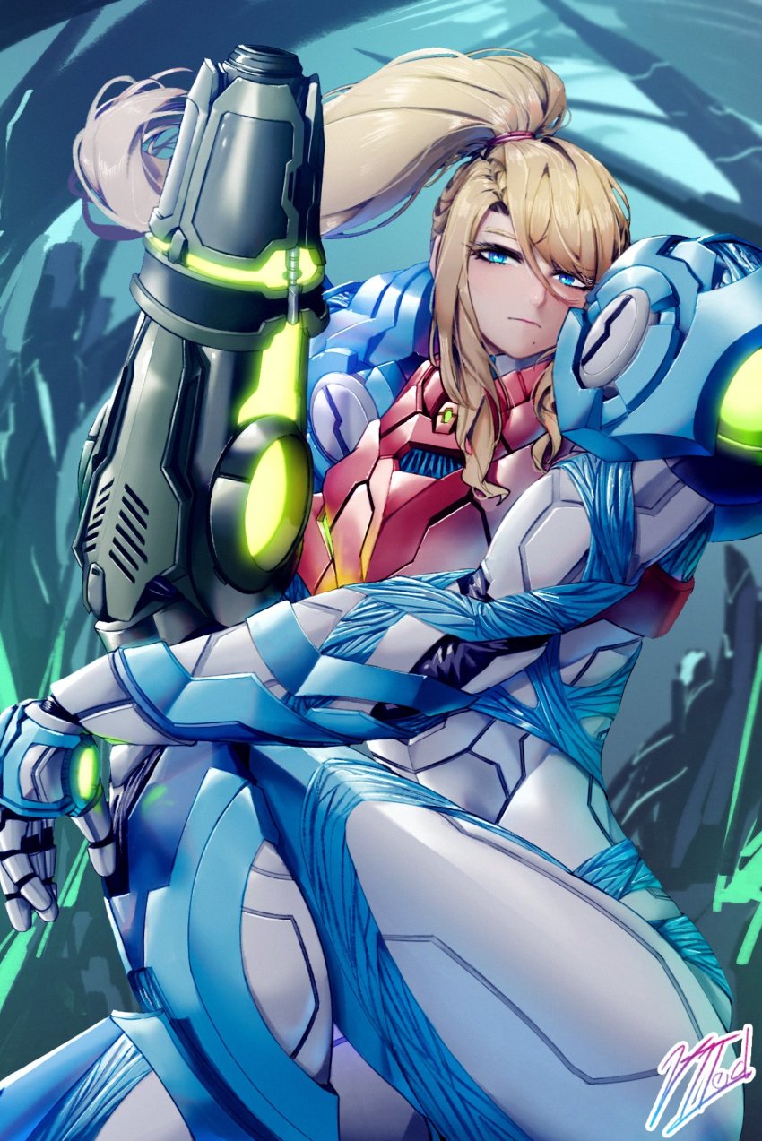 1girl, arm_cannon, armor, blonde_hair, blue_eyes, glowing, gun, helmet, highres, long_hair, looking_at_viewer, metroid, metroid_dread, mole, mole_under_mouth, nintendo, normal_suit_(metroid), orewajedman, ponytail, power_armor, power_suit_(metroid), samus_aran, science_fiction, sidelocks, simple_background, solo, upper_body, visor, weapon