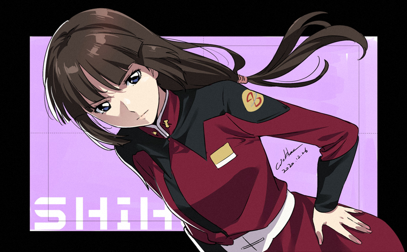 1girl, artist_name, brown_hair, character_name, cowboy_shot, dated, dutch_angle, gundam