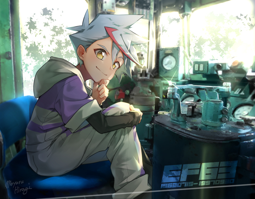 1boy, blue_hair, grey_jumpsuit, hair_behind_ear, hand_on_own_cheek, hand_on_own_face, head_tilt, hooded_jumpsuit, jumpsuit, looking_at_viewer, male_focus, moyurusun, multicolored_hair, red_hair, shinkalion_(series), shinkansen_henkei_robo_shinkalion, shinkansen_henkei_robo_shinkalion_z, smile, solo, spiked_hair, streaked_hair, train_interior, usui_abuto, yellow_eyes