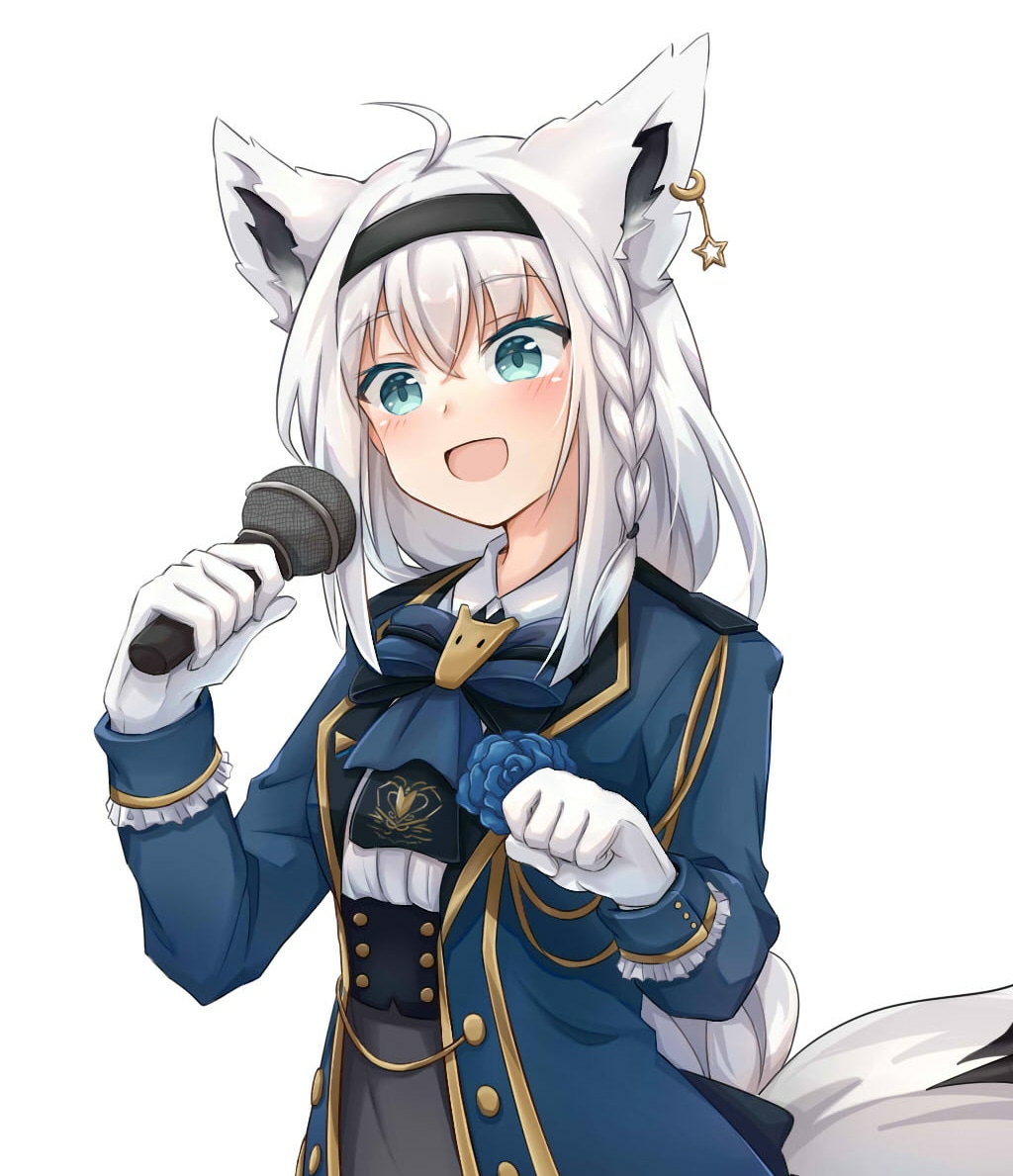 1girl, :d, ahoge, animal_ears, aqua_eyes, ascot, black_hairband, blue_jacket, bow, bowtie, braid, collared_shirt, commentary, cowboy_shot, ear_piercing, earrings, fox_ears, fox_girl, fox_tail, gloves, grey_skirt, hair_between_eyes, hairband, holding, holding_microphone, hololive, jacket, jewelry, kuma.fishs, long_hair, long_sleeves, microphone, music, official_alternate_costume, open_mouth, piercing, shirakami_fubuki, shirakami_fubuki_(parade_dress), shirt, side_braid, silver_hair, simple_background, singing, single_earring, skirt, sleeve_cuffs, smile, solo, tail, underbust, victorian, virtual_youtuber, white_background, white_gloves, white_shirt