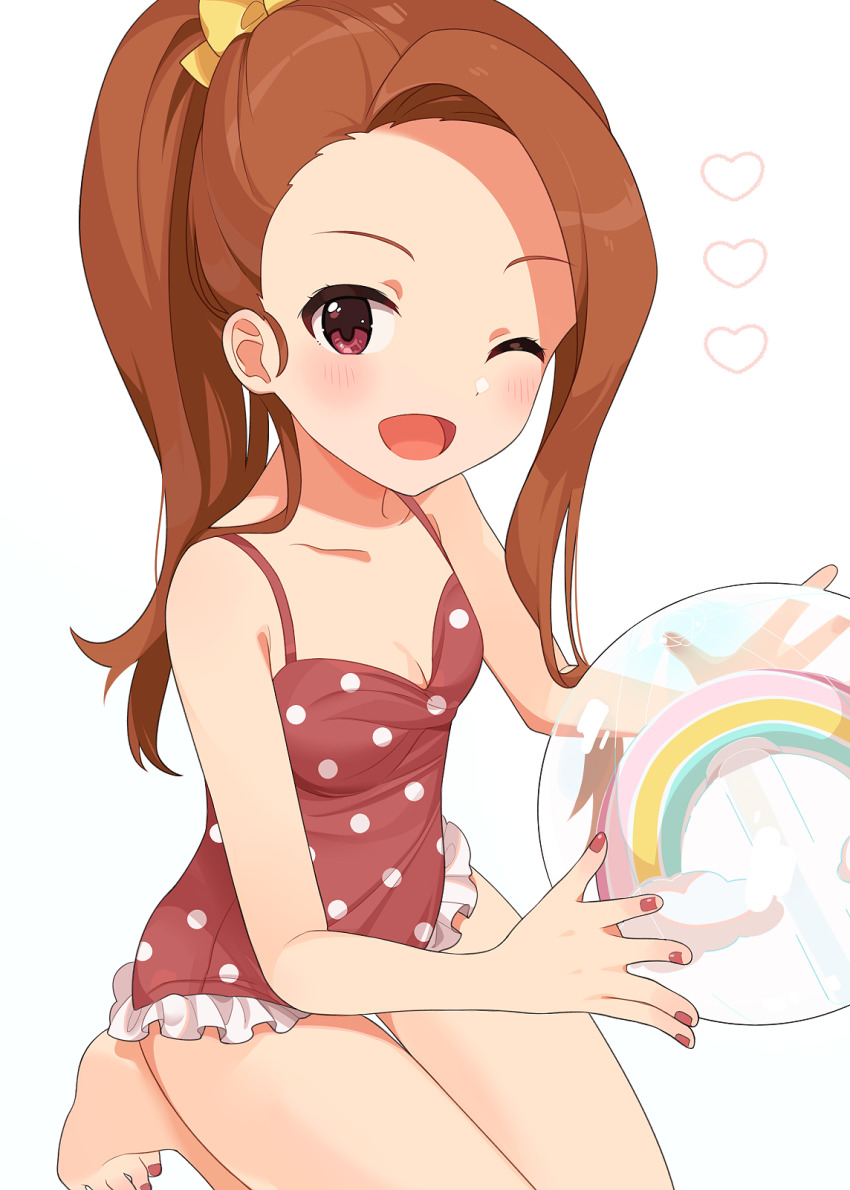 1girl, :d, ball, beachball, blush, brown_hair, dot_nose, fingernails