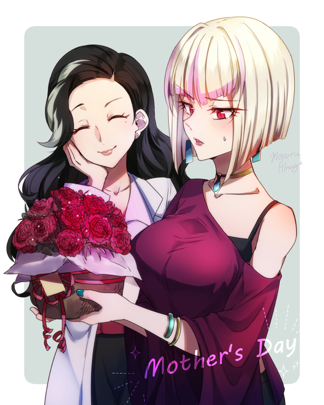 2girls, ^_^, black_hair, blonde_hair, blouse, blush, bouquet, breasts, closed_eyes, coat, collarbone, flower, grey_hair, hair_behind_ear, hand_on_own_cheek, hand_on_own_face, holding, holding_bouquet, kurume_midori, lab_coat, long_hair, looking_down, medium_breasts, mole, mole_under_eye, moyurusun, multicolored_hair, multiple_girls, off_shoulder, purple_hair, red_eyes, red_shirt, red_skirt, shinkalion_(series), shinkansen_henkei_robo_shinkalion, shirt, short_hair, skirt, smile, star_(symbol), streaked_hair, suzaku_(shinkalion), sweat, white_coat